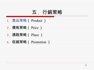 五 .  行銷策略 產品策略 （ Product ） 價格策略（ Price ） 通路策略（ Place ） 促銷策略（ Promotion ） 