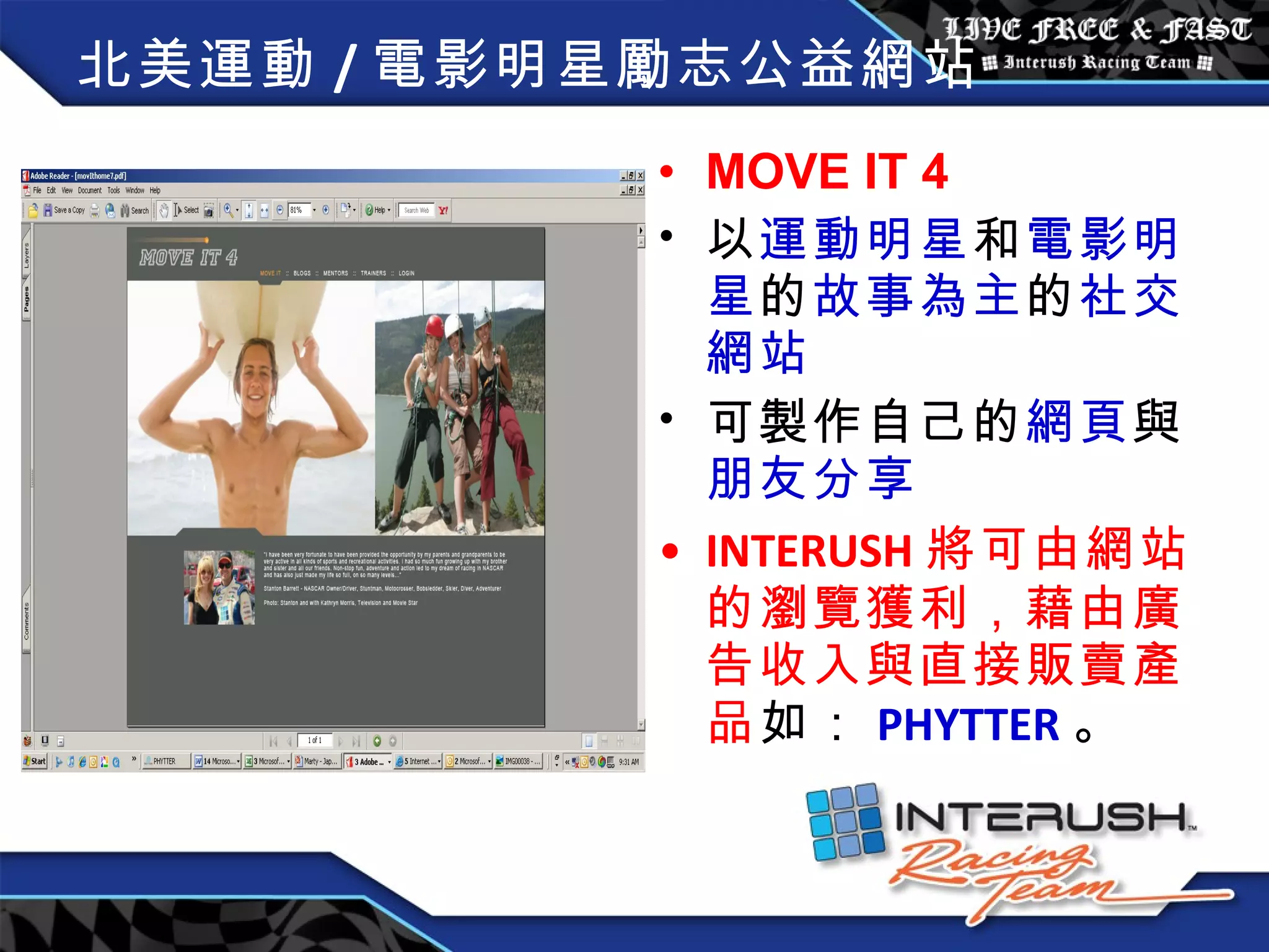 北美運動 / 電影明星勵志公益網站 MOVE IT 4 以 運動明星 和 電影明星 的 故事為主 的 社交網站 可製作自己的 網頁 與 朋友分享 INTERUSH 將可由網站的瀏覽獲利，藉由廣告收入與直接販賣產品 如： PHYTTER 。 