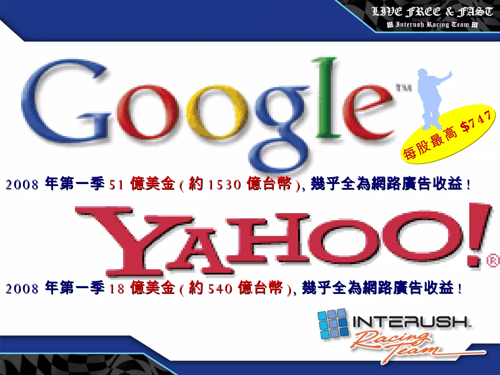 2008 年第一季 51 億美金 ( 約 1530 億台幣 ) , 幾乎全為網路廣告收益 ! 2008 年第一季 18 億美金 ( 約 540 億台幣 ) , 幾乎全為網路廣告收益 ! 每股最高 $747 