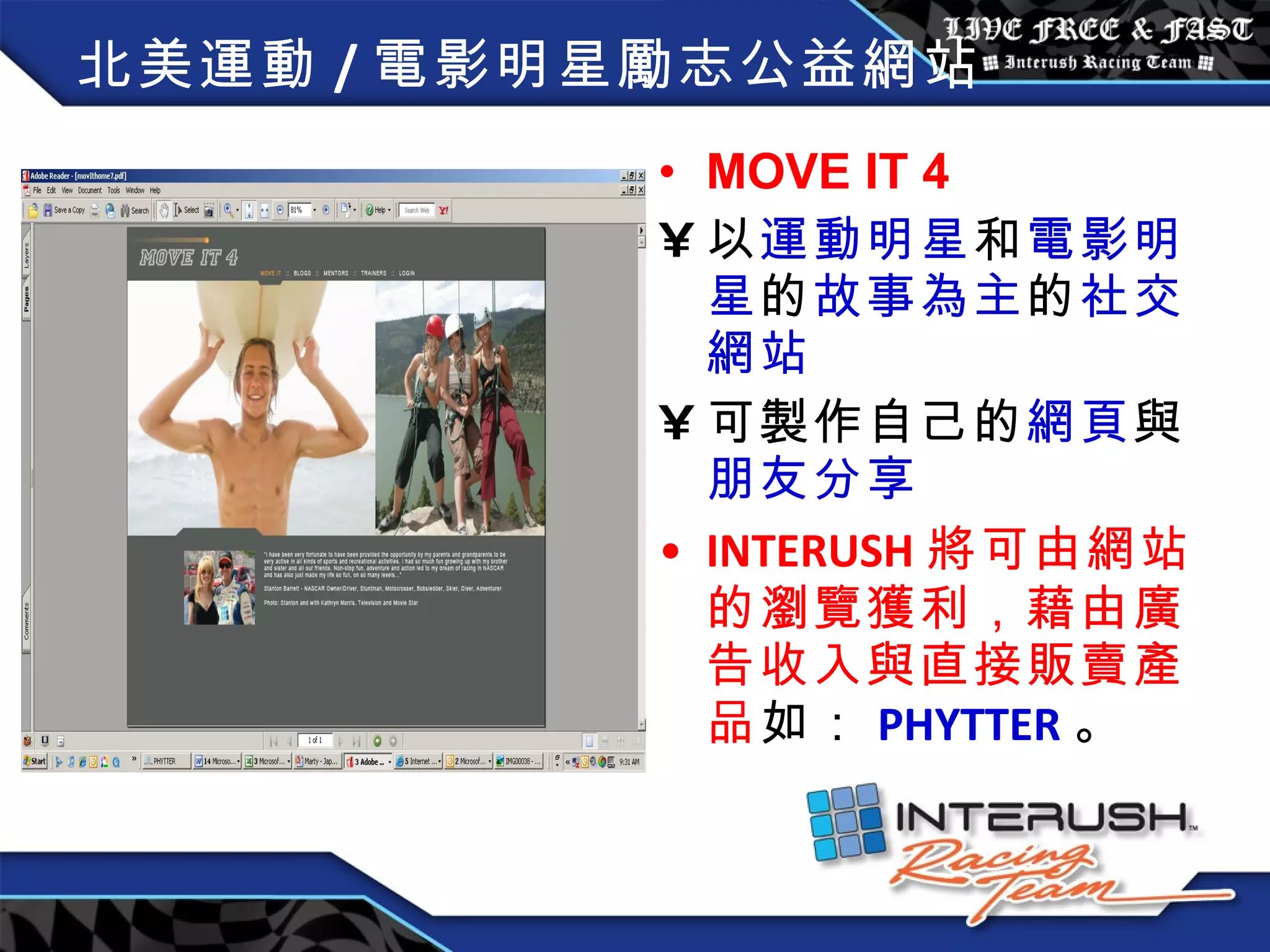 北美運動 / 電影明星勵志公益網站 MOVE IT 4 以 運動明星 和 電影明星 的 故事為主 的 社交網站 可製作自己的 網頁 與 朋友分享 INTERUSH 將可由網站的瀏覽獲利，藉由廣告收入與直接販賣產品 如： PHYTTER 。 