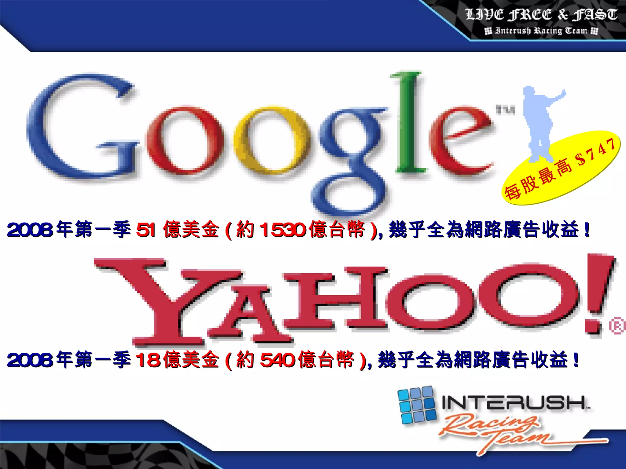 2008 年第一季 51 億美金 ( 約 1530 億台幣 ) , 幾乎全為網路廣告收益 ! 2008 年第一季 18 億美金 ( 約 540 億台幣 ) , 幾乎全為網路廣告收益 ! 每股最高 $747 