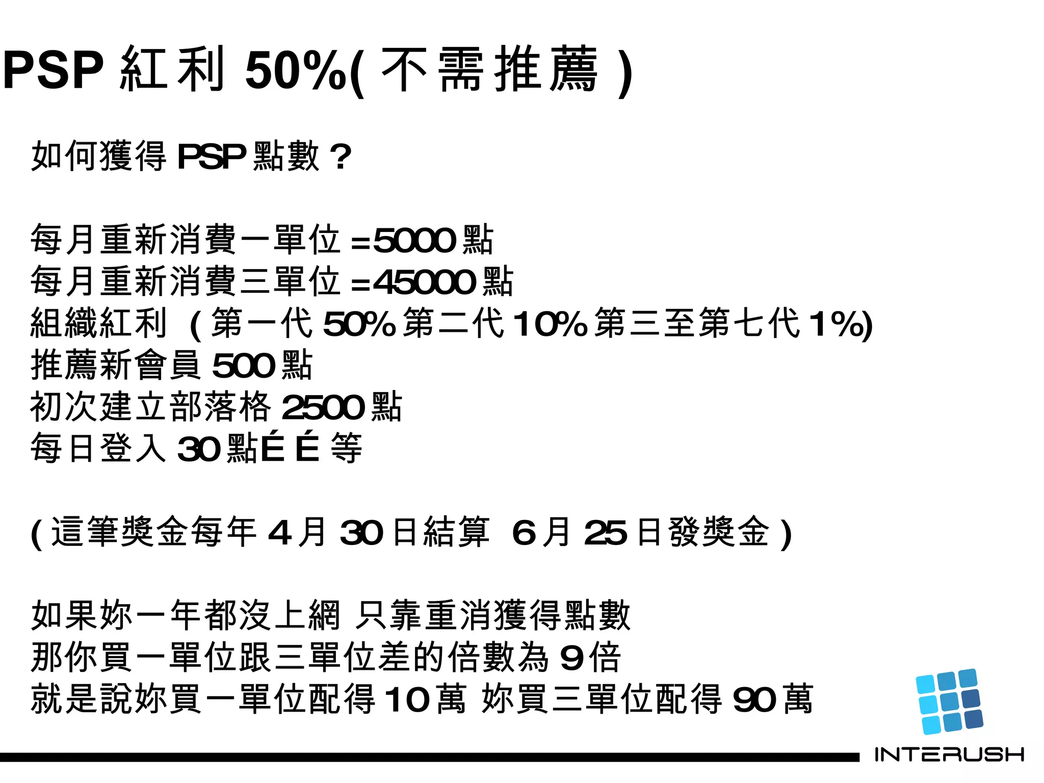PSP 紅利 50%( 不需推薦 ) 如何獲得 PSP 點數 ? 每月重新消費一單位 =5000 點 每月重新消費三單位 =45000 點 組織紅利  ( 第一代 50% 第二代 10% 第三至第七代 1%) 推薦新會員 500 點 初次建立部落格 2500 點 每日登入 30 點……等 ( 這筆獎金每年 4 月 30 日結算  6 月 25 日發獎金 ) 如果妳一年都沒上網 只靠重消獲得點數 那你買一單位跟三單位差的倍數為 9 倍 就是說妳買一單位配得 10 萬 妳買三單位配得 90 萬 