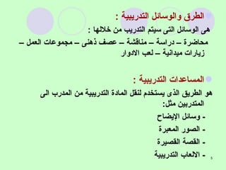 الطرق والوسائل التدريبية  : هى الوسائل التى سيتم التدريب من خلالها  : محاضرة – دراسة – مناقشة – عصف ذهنى – مجموعات العمل – زيارات ميدانية – لعب الادوار  المساعدات التدريبية  : هو الطريق الذى يستخدم لنقل المادة التدريبية من المدرب الى المتدربين مثل : -  وسائل الإيضاح -  الصور المعبرة  -  القصة القصيرة  -  الالعاب التدريبية  