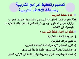 تصميم وتخطيط البرامج التدريبية    وصياغة الأهداف التدريبية إعداد خطط التدريب  : خطة التدريب تحدد المعلومات التى سيتم استخدامها ومكونات التدريب وكيفية عرض المحتوى .  وتشير الى التسلسل المنطقى لبناء المعلومات للوصول الى الاهداف خطوات اعداد خطط التدريب  : 1-  مراجعة الاهداف التعليمية 2-  تقييم قدرات المتدربين  3-  تقييم المصادر الازمة والمتاحة لمساعدة التدريب 4-  عمل قائمة خاصة لتدريسها وافضل طريقة لتدريسها  5-  اعداد الموضوعات الرئيسية ووضعها فى قائمة فى الترتيب السليم  