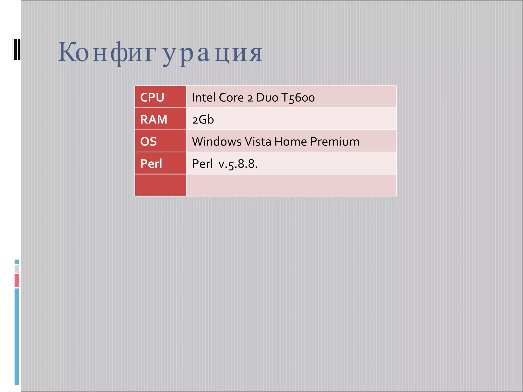 Конфигурация CPU Intel Core 2 Duo T5600 RAM 2Gb OS Windows Vista Home Premium Perl Perl  v.5.8.8. 