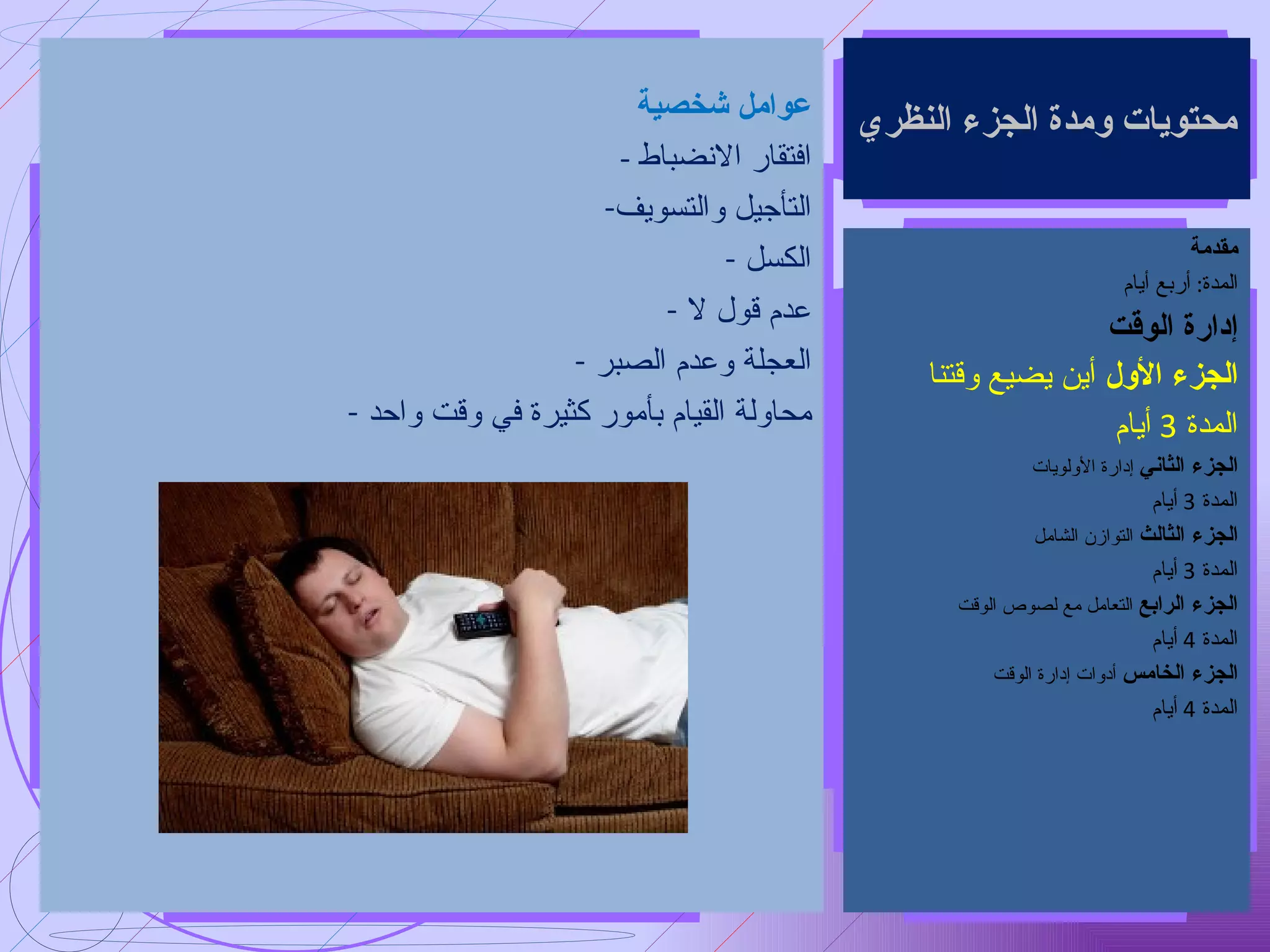 عوامل شخصية -  افتقار الانضباط التأجيل والتسويف الكسل عدم قول لا العجلة وعدم الصبر محاولة القيام بأمور كثيرة في وقت واحد محتويات ومدة الجزء النظري مقدمة المدة :  أربع أيام إدارة الوقت الجزء الأول  أين يضيع وقتنا المدة  3  أيام الجزء الثاني  إدارة الأولويات المدة  3  أيام الجزء الثالث  التوازن الشامل المدة  3  أيام الجزء الرابع  التعامل مع لصوص الوقت المدة  4  أيام الجزء الخامس  أدوات إدارة الوقت المدة  4  أيام 