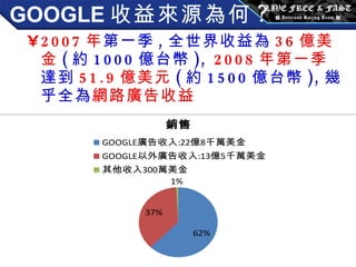 GOOGLE 收益來源為何 ? 2007 年 第一季 , 全世界收益為 36 億美金 ( 約 1000 億台幣 ),  2008 年第一季 達到 51.9 億美元 ( 約 1500 億台幣 ), 幾乎全為 網路廣告收益 
