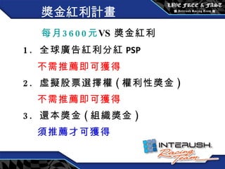 獎金紅利計畫 每月 3600 元 VS 獎金紅利 1.  全球廣告紅利分紅 PSP 不需推薦即可獲得 2.  虛擬股票選擇權 ( 權利性獎金 ) 不需推薦即可獲得 3.  還本獎金 ( 組織獎金 ) 須推薦才可獲得 
