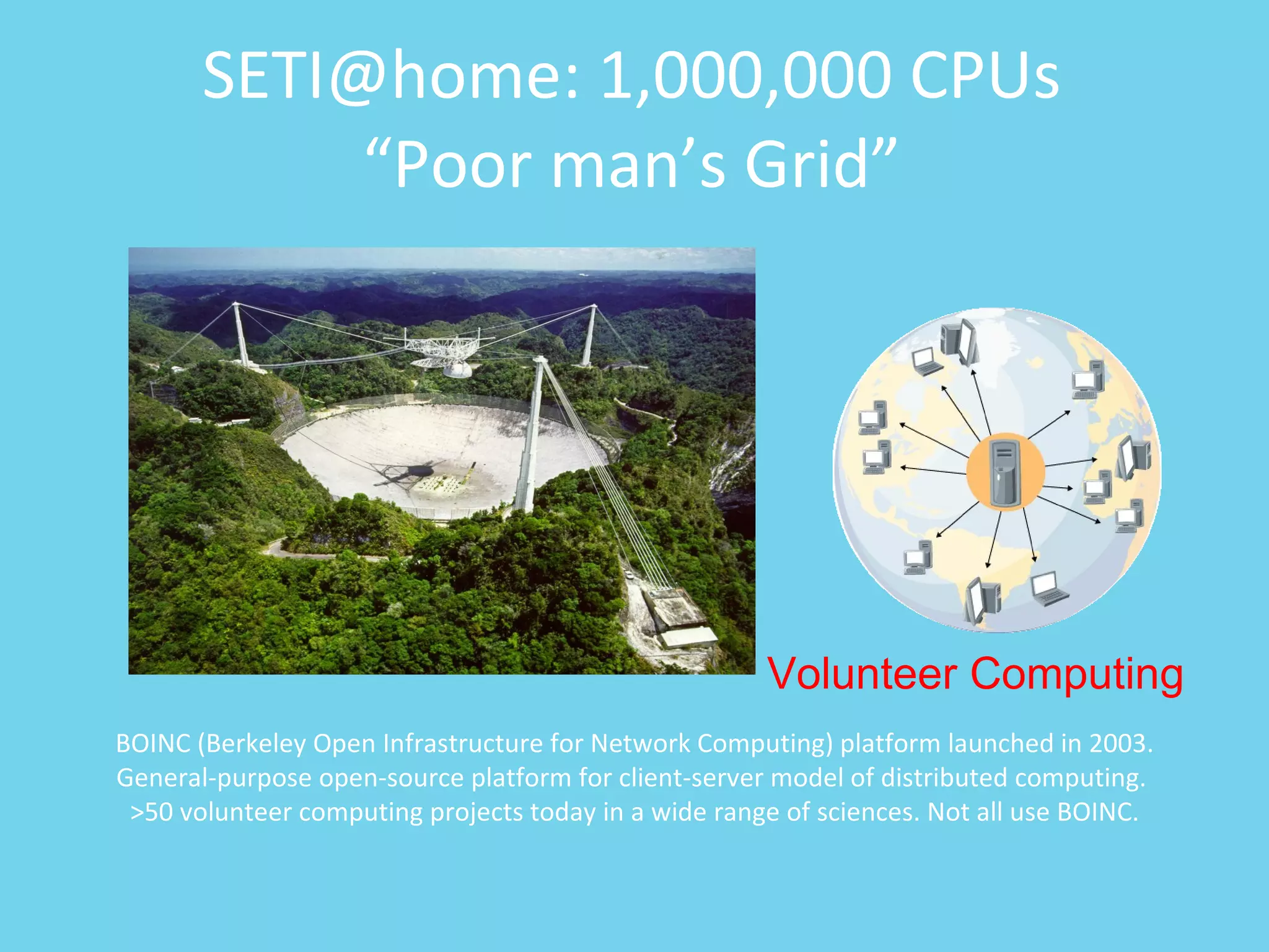SETI@home: 1,000,000 CPUs “Poor man’s Grid” BOINC (Berkeley Open Infrastructure for Network Computing) platform launched in 2003. General-purpose open-source platform for client-server model of distributed computing.  >50 volunteer computing projects today in a wide range of sciences. Not all use BOINC. Volunteer Computing 