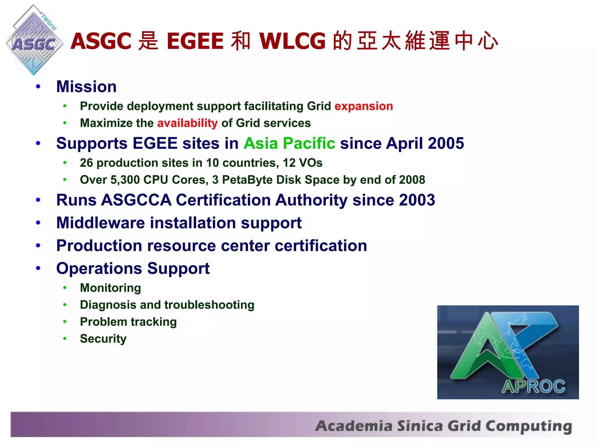 ASGC 是 EGEE 和 WLCG 的亞太維運中心 Mission Provide deployment support facilitating Grid  expansion Maximize the  availability  of Grid services Supports EGEE sites in  Asia Pacific  since April 2005 26 production sites in 10 countries, 12 VOs Over 5,300 CPU Cores, 3 PetaByte Disk Space by end of 2008 Runs ASGCCA Certification Authority since 2003 Middleware installation support Production resource center certification Operations Support Monitoring Diagnosis and troubleshooting Problem tracking Security 