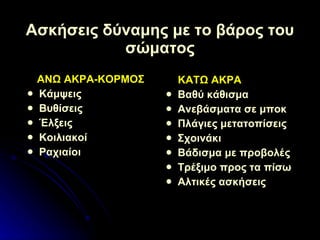 Ασκήσεις δύναμης με το βάρος του σώματος ΑΝΩ ΑΚΡΑ-ΚΟΡΜΟΣ Κάμψεις Βυθίσεις Έλξεις Κοιλιακοί Ραχιαίοι ΚΑΤΩ ΑΚΡΑ Βαθύ κάθισμα Ανεβάσματα σε μποκ Πλάγιες μετατοπίσεις Σχοινάκι Βάδισμα με προβολές Τρέξιμο προς τα πίσω Αλτικές ασκήσεις 