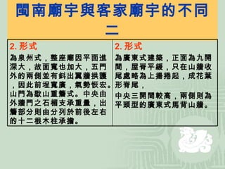 閩南廟宇與客家廟宇的不同二 2. 形式 為廣東式建築，正面為九開間，屋脊平緩，只在山牆收尾處略為上揚捲起，成花葉形脊尾， 中央三開間較高，兩側則為平頭型的廣東式馬背山牆。 2. 形式 為泉州式，整座廟因平面進深大，故面寬也加大，五門外的兩側並有鈄出翼牆拱護，因此前埕寬廣，氣勢恢宏。山門為歇山重簷式。中央由外牆門之石楣支承重量，出簷部分則由分列於前後左右的十二根木柱承擔。 