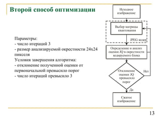 Второй способ оптимизации Параметры:  - число итераций 3 - размер анализируемой окрестности 24х24 пикселя  Условия завершения алгоритма: - отклонение полученной оценки от первоначальной превысило порог - число итераций превысило 3 13 