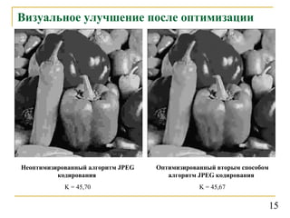 Визуальное улучшение после оптимизации Неоптимизированный алгоритм  JPEG  кодирования   K = 45,70 Оптимизированный вторым способом алгоритм  JPEG  кодирования   K = 45,67 15 