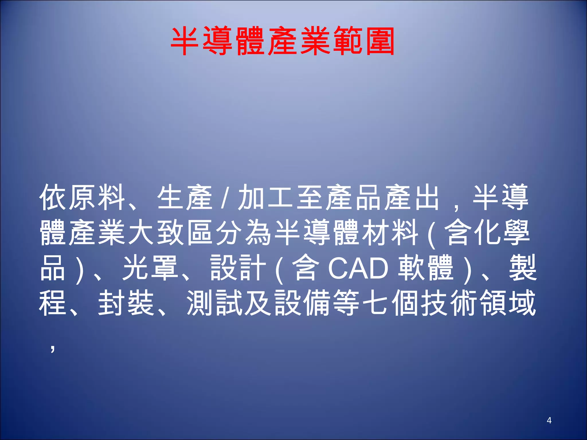 半導體產業範圍  　　  依原料、生產 / 加工至產品產出，半導體產業大致區分為半導體材料 ( 含化學品 ) 、光罩、設計 ( 含 CAD 軟體 ) 、製程、封裝、測試及設備等七個技術領域， 