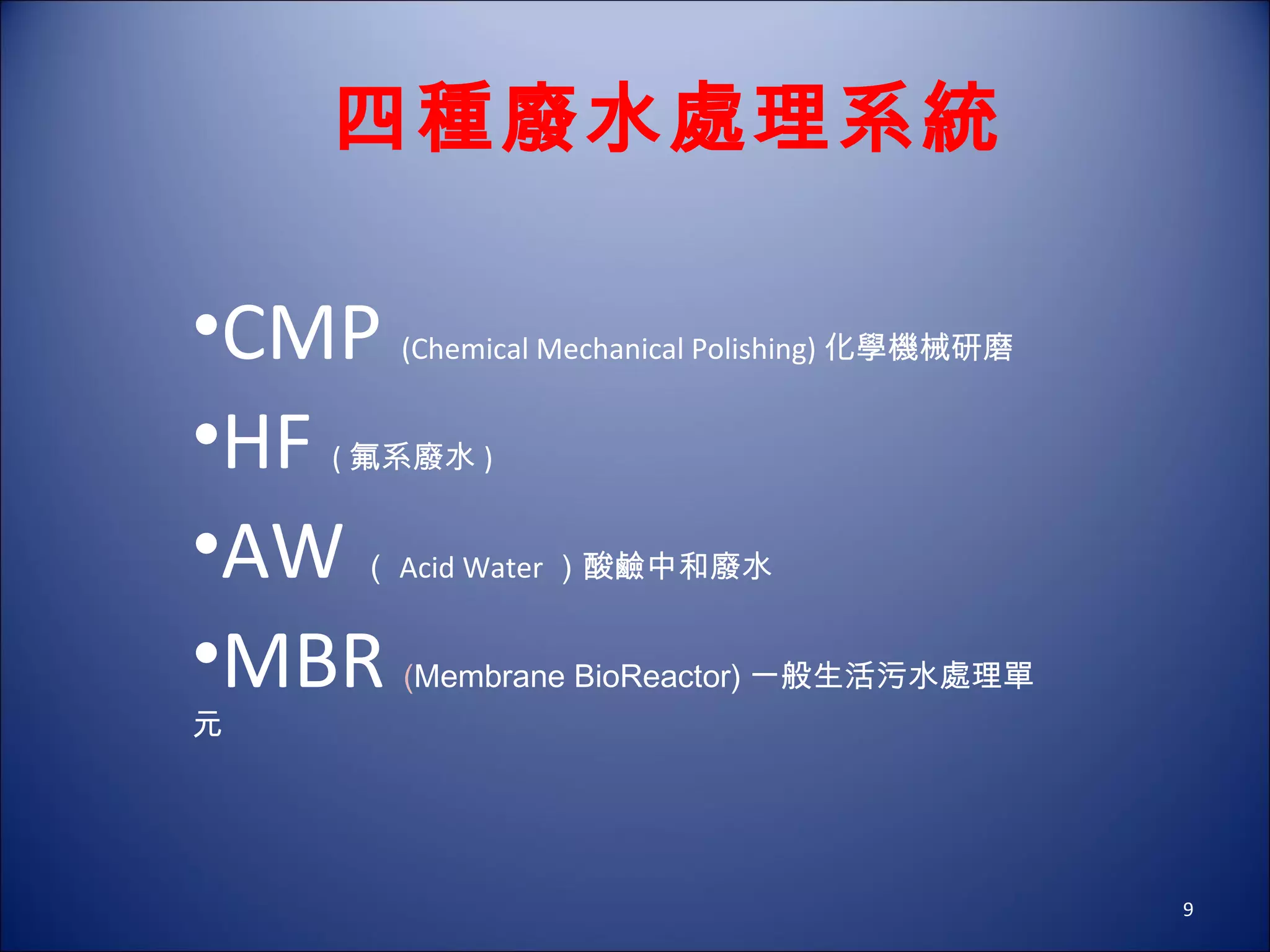 四種廢水處理系統 CMP  (Chemical Mechanical Polishing) 化學機械研磨 HF  ( 氟系廢水 ) AW   （ Acid Water ）酸鹼中和廢水 MBR   ( Membrane BioReactor) 一般生活污水處理單元 
