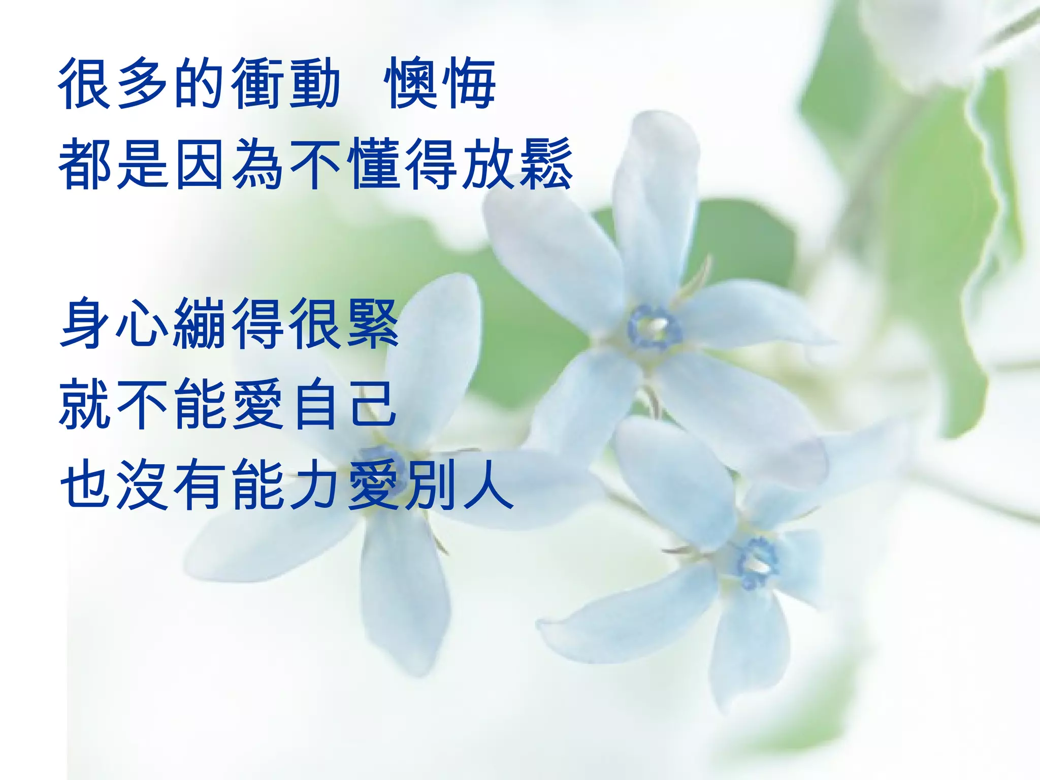 很多的衝動  懊悔 都是因為不懂得放鬆 身心繃得很緊 就不能愛自己 也沒有能力愛別人 