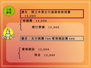 分錄 練習 題目：開立本票支付建築物修理費 15,000 應付票據  15,000 題目：支付報費 700 管理雜誌費 500   現金  12,000 修繕費  15,000 書報雜誌  12,000 