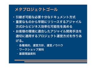 メタプロジェクトゴール
   引継ぎ可能な必要十分なドキュメント方式
   重要なものから早期にリリースするアジャイル
    方式からビジネス効率化可能性を高める
   お客様の環境に適合したアジャイル開発手法を
    適切に適用するプロジェクト運営方式を作りあ
    げる。
    −   各種規約、運営方針、運営ノウハウ
    −   ワークショップ資料
    −   基礎理論資料
 