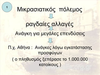 Μικρασιατικός  πόλεμος ραγδαίες αλλαγές Ανάγκη για μεγάλες επενδύσεις Π.χ. Αθήνα :  Ανάγκες λόγω εγκατάστασης προσφύγων ( ο πληθυσμός ξεπέρασε το 1.000.000 κατοίκους ) 1 