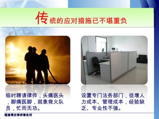 传 统的应对措施已不堪重负 临时聘请律师，头痛医头，脚痛医脚，就象救火队员，忙而无功。 设置专门法务部门，徒增人力成本、管理成本，经验缺乏、专业性不强。 福建博世律师事务所 