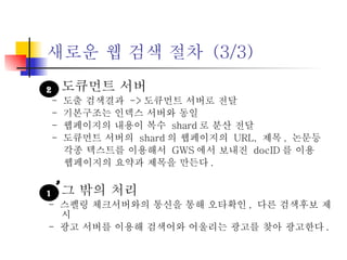 새로운 웹 검색 절차  (3/3) 도큐먼트 서버 -  도출 검색결과  -> 도큐먼트 서버로 전달 -  기본구조는 인덱스 서버와 동일 -  웹페이지의 내용이 복수  shard 로 분산 전달 -  도큐먼트 서버의  shard 의 웹페이지의  URL,  제목 ,  논문등  각종 텍스트를 이용해서  GWS 에서 보내진  docID 를 이용 웹페이지의 요약과 제목을 만든다 . 그 밖의 처리 -  스펠링 체크서버와의 통신을 통해 오타확인 ,  다른 검색후보 제시 -  광고 서버를 이용해 검색어와 어울리는 광고를 찾아 광고한다 . 2 1 ’ 