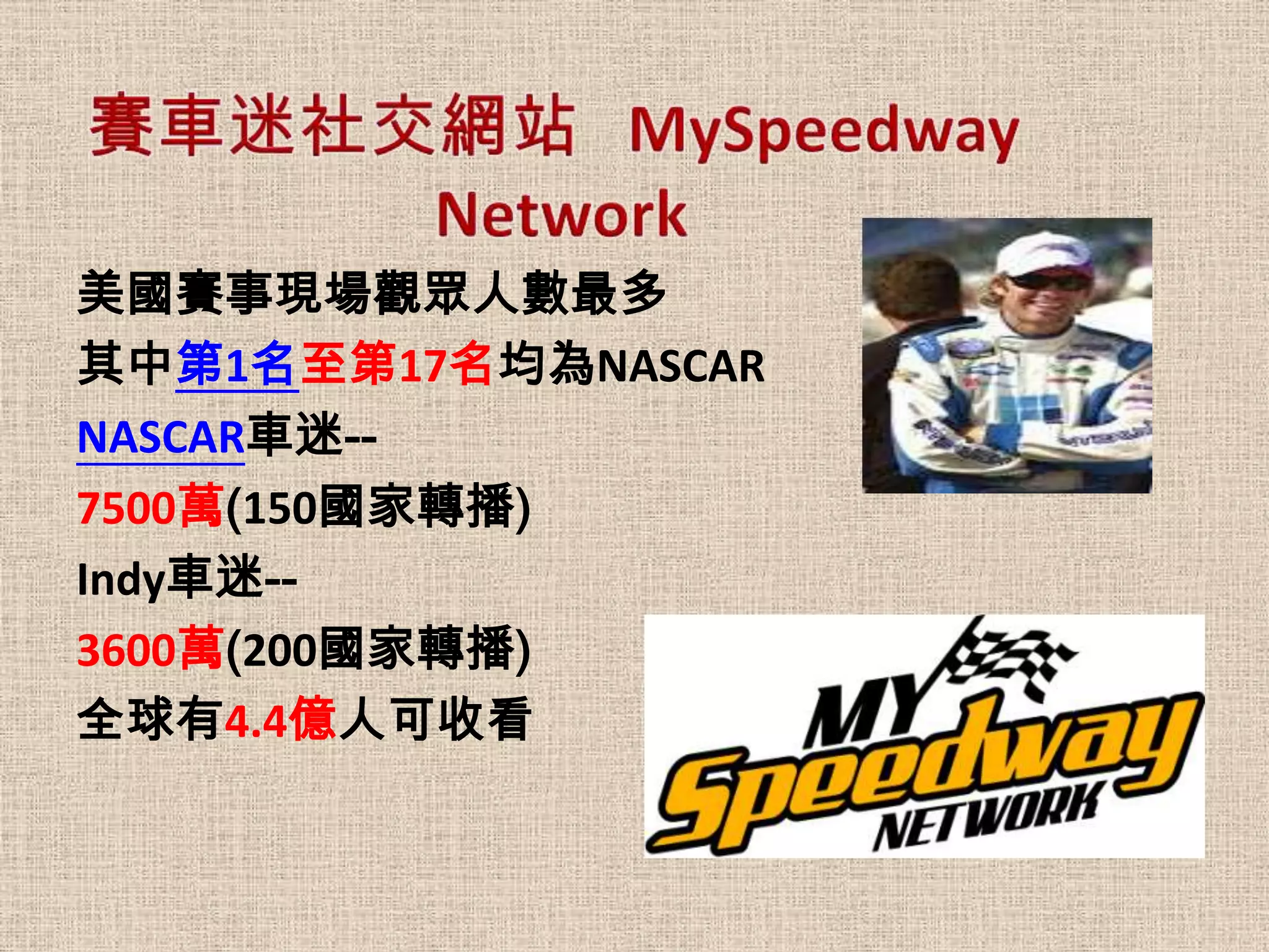 美國賽事現場觀眾人數最多
其中第1名至第17名均為NASCAR
NASCAR車迷--
7500萬(150國家轉播)
Indy車迷--
3600萬(200國家轉播)
全球有4.4億人可收看
 