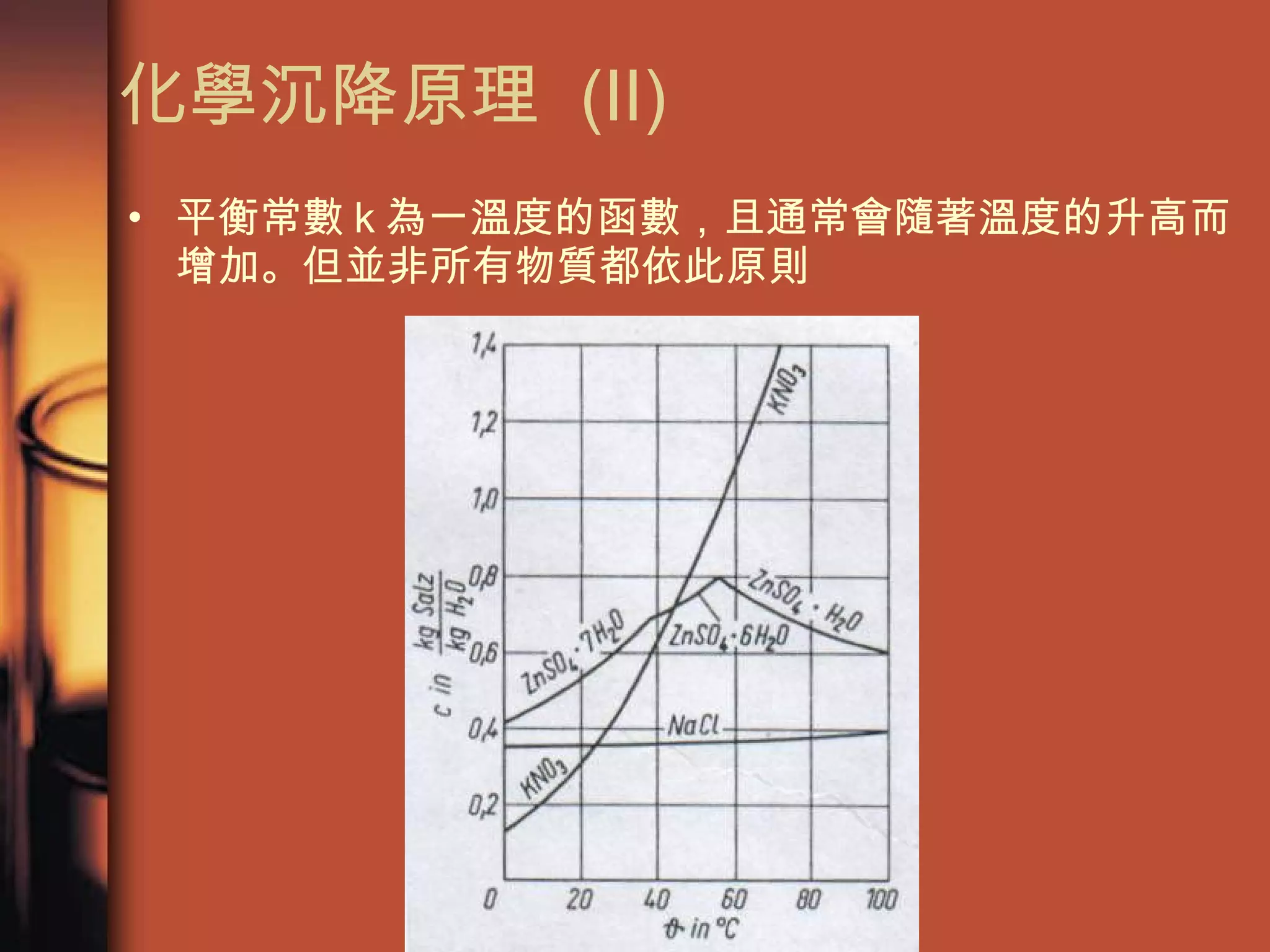 化學沉降原理  (II) 平衡常數 k 為一溫度的函數，且通常會隨著溫度的升高而增加。但並非所有物質都依此原則 