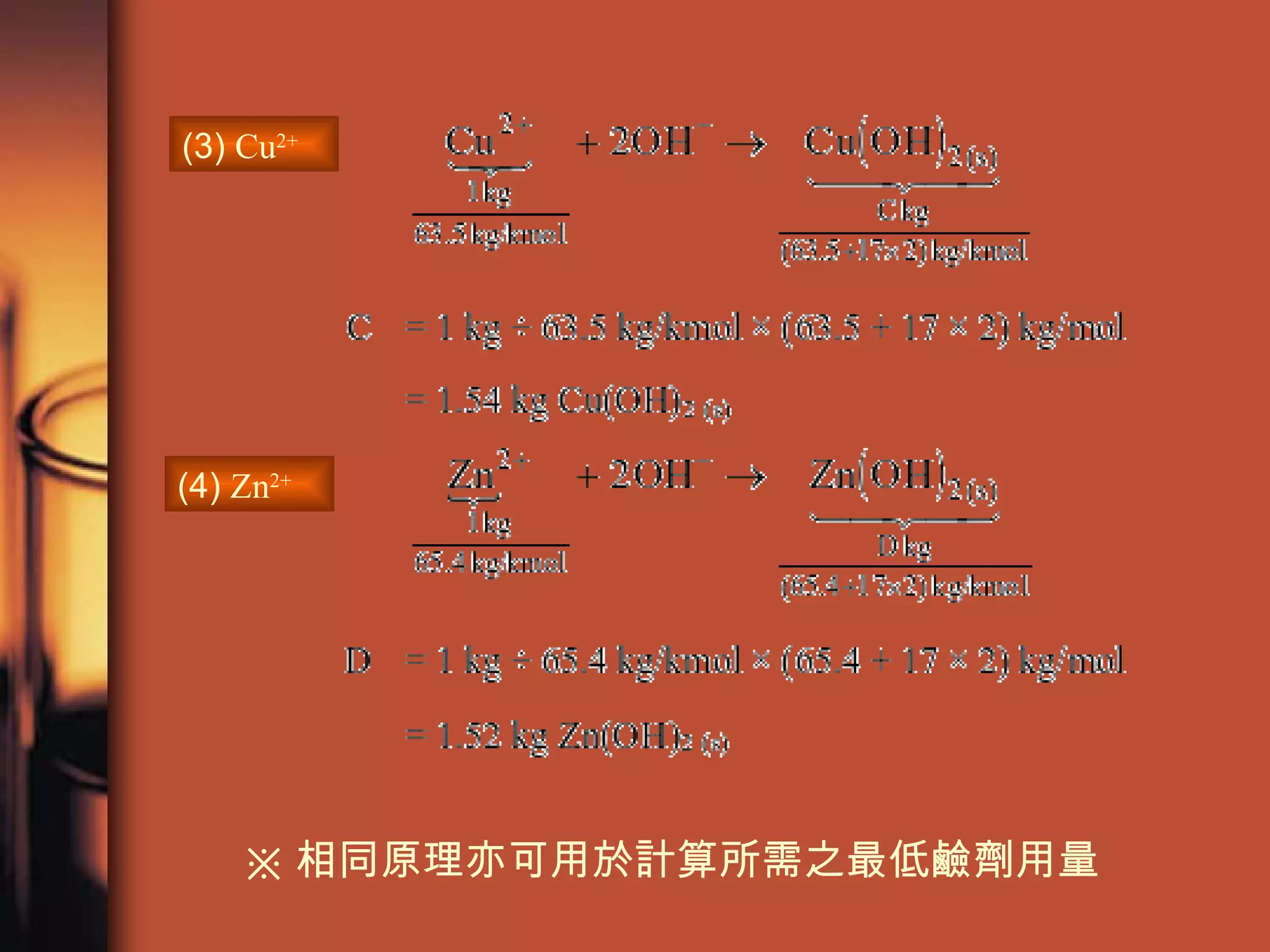 (3)  Cu 2+   (4)  Zn 2+   ※ 相同原理亦可用於計算所需之最低鹼劑用量 