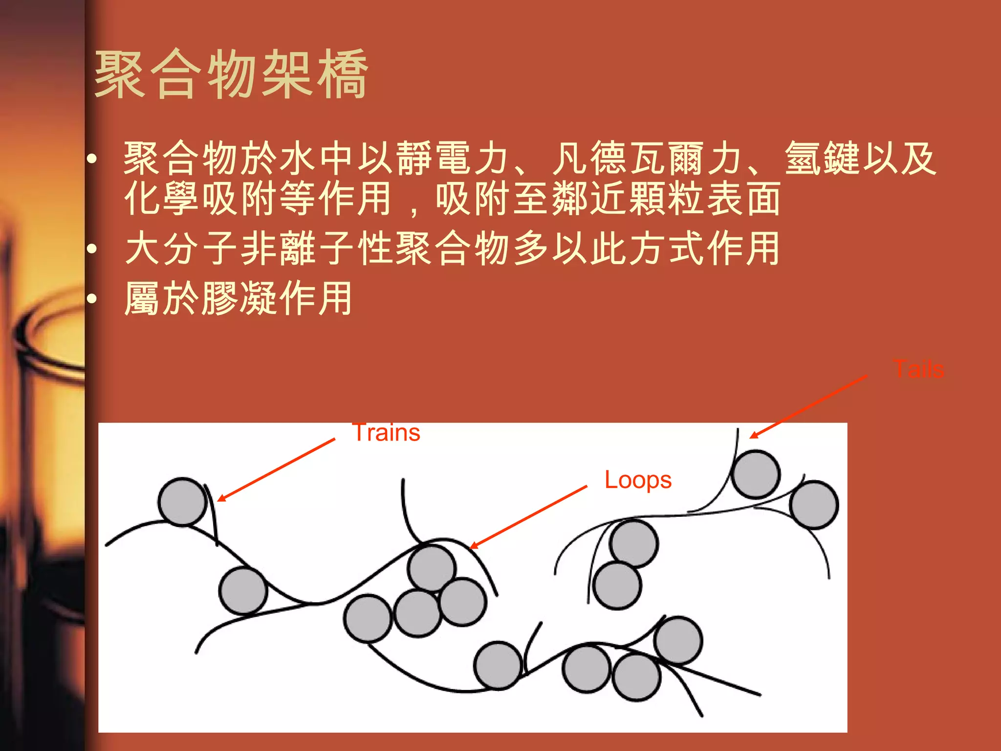 聚合物架橋  聚合物於水中以靜電力、凡德瓦爾力、氫鍵以及化學吸附等作用，吸附至鄰近顆粒表面 大分子非離子性聚合物多以此方式作用 屬於膠凝作用 Loops Trains Tails 