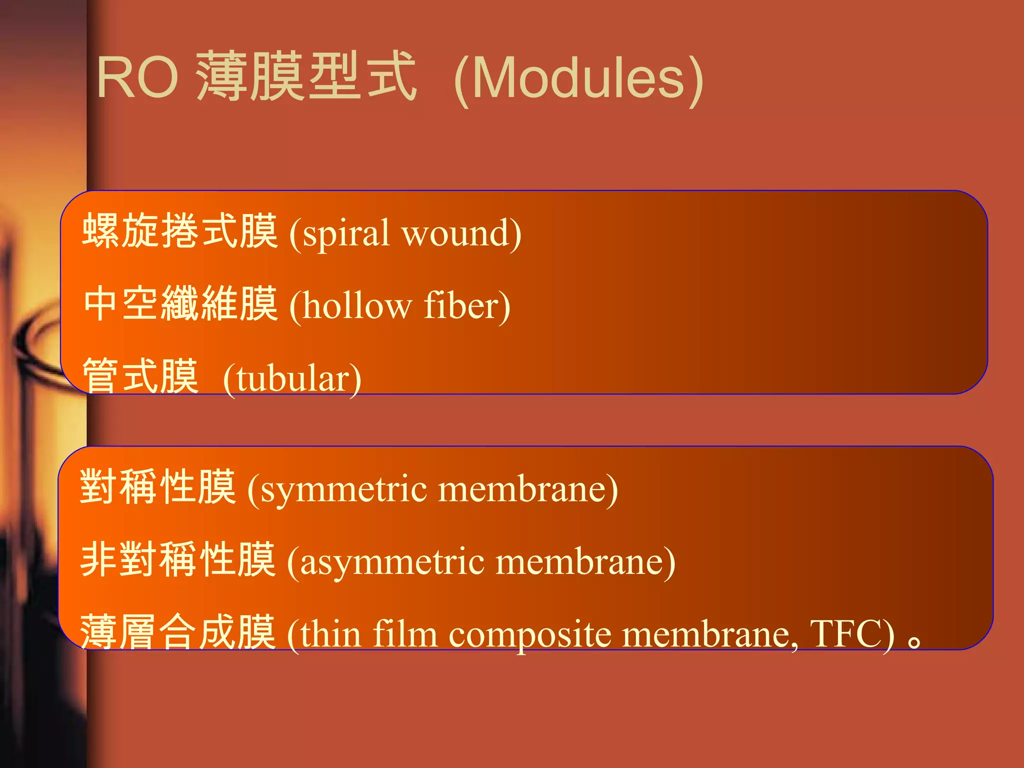 RO 薄膜型式  (Modules) 螺旋捲式膜 (spiral wound)  中空纖維膜 (hollow fiber)  管 式 膜  (tubular)  對稱性膜 (symmetric membrane) 非對稱性膜 (asymmetric membrane) 薄層合成膜 (thin film composite membrane, TFC) 。  