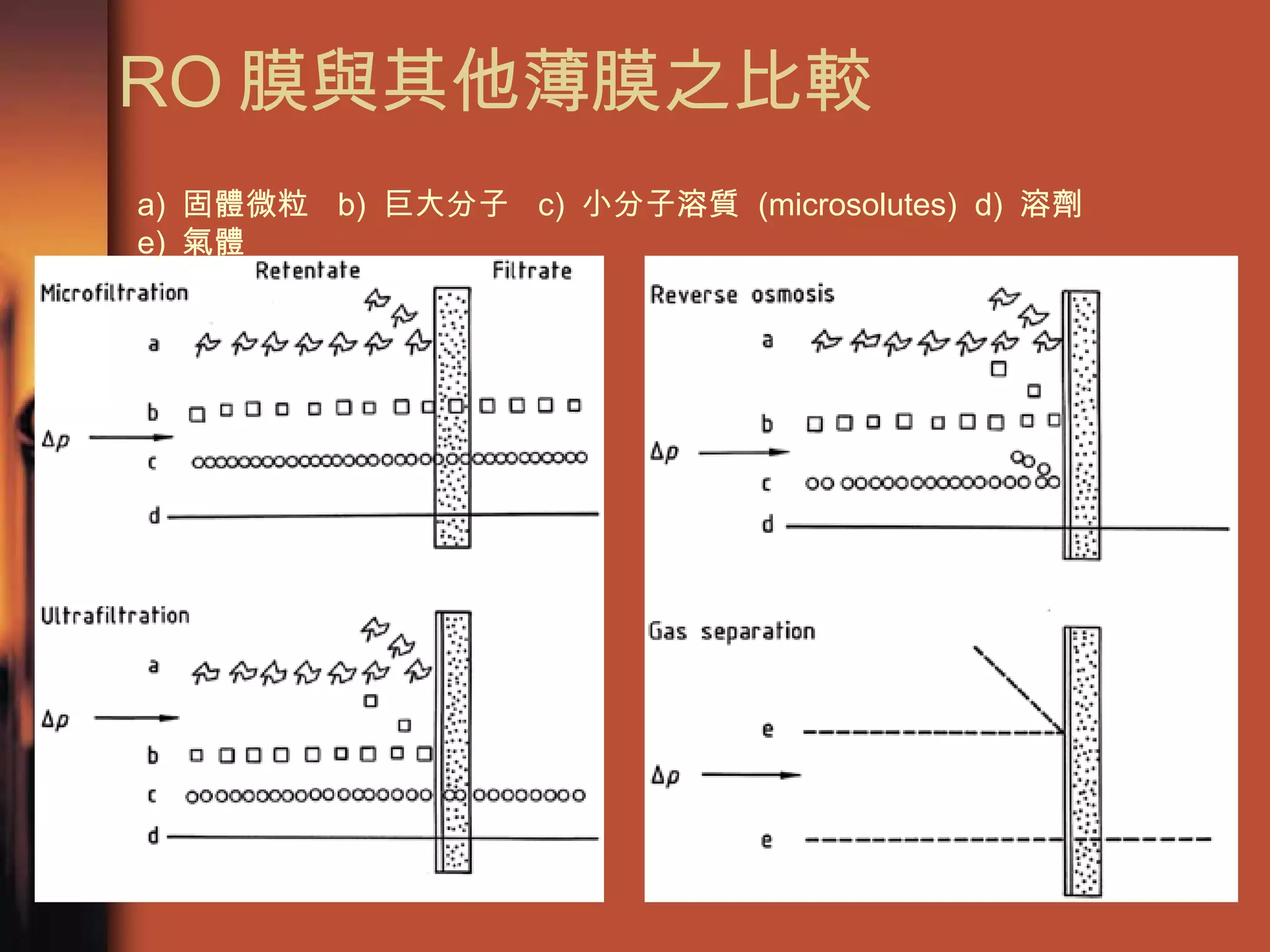 RO 膜與其他薄膜之比較 a)  固體微粒  b)  巨大分子  c)  小分子溶質  (microsolutes)  d)  溶劑  e)  氣體 