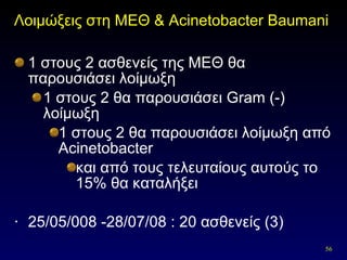 Λοιμώξεις στη ΜΕΘ &  Acinetobacter Baumani   1 στους 2 ασθενείς της ΜΕΘ θα παρουσιάσει λοίμωξη 1 στους 2 θα παρουσιάσει  Gram  (-) λοίμωξη 1 στους 2 θα παρουσιάσει λοίμωξη από  Acinetobacter και από τους τελευταίους αυτούς το 15% θα καταλήξει 25/05/008 -28/07/08 : 20 ασθενείς (3) 