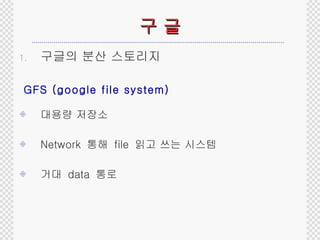 구 글 구글의 분산 스토리지 GFS (google file system) 대용량 저장소 Network  통해  file  읽고 쓰는 시스템 거대  data  통로 