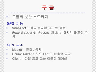 구 글 구글의 분산 스토리지 GFS  기능 Snapshot :  파일 복사본 만드는 기능 Record append : Record  의 data  마지막 파일에 추가  GFS  구조 Master :  관리 / 통제 Chunk server :  하드 디스크 입출력 담당 Client :  파일 읽고 쓰는 어플리 케이션 