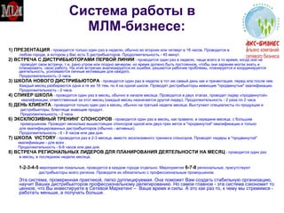 Система работы в    МЛМ-бизнесе: 1) ПРЕЗЕНТАЦИЯ  -  проводится только один раз в неделю, обычно во вторник или четверг в 18 часов. Проводится в  любом городе, в котором у Вас есть 5 дистрибьюторов. Продолжительность - 45 минут. 2) ВСТРЕЧА С ДИСТРИБЬЮТОРАМИ ПЕРВОЙ ЛИНИИ  -  проводится один раз в неделю, чаще всего в то время, когда они не  проводят свои встречи, т.е. рано утром или поздно вечером, но время должно быть постоянное, чтобы они заранее могли знать и планировать  свою работу. На этих встречах анализируются их ошибки, решаются рабочие проблемы, планируется и координируется деятельность, усиливаются личные мотивации для каждого. Продолжительность -3 часа. 3) ШКОЛА НОВОГО ДИСТРИБЬЮТОРА  -  проводится один раз в неделю в тот же самый день как и презентация, перед или после нее.  Каждый месяц разбираются одни и те же 16 тем, по 4 на одной школе. Проводят дистрибьюторы имеющие "продвинутые" квалификации.  Продолжительность - 2 часа. 4) СПИКЕР ШКОЛА  -  проводится один раз в месяц, обычно в начале месяца. Проводится в двух этапах, проводит лидер «продвинутой» квалификации, ответственный за этот месяц (каждый месяц назначается другой лидер). Продолжительность - 2 раза по 2 часа. 5) ДЕНЬ КЛИЕНТА  -  проводится только один раз в месяц, обычно на третьей недели месяца. Выступают специалисты по продукции и  дистрибьюторы, блестяще знающие продукт.  Продолжительность - 2 часа. 6) ЭКСКЛЮЗИВНЫЙ ТРЕНИНГ СПОНСОРОВ  -  проводится один раз в месяц, как правило, в середине месяца, с большим  промоушеном. Проводят несколько вышестоящих спонсоров одной или двух-трех веток в "продвинутой" квалификации и только  для квалифицированных дистрибьюторов (обычно - активных).  Продолжительность - 6 - 8 часов или два дня. 7) ШКОЛА  VICTORY  -  проводится раз в 2-3 месяца, вместо эксклюзивного тренинга спонсоров. Проводят лидеры в "продвинутой"  квалификации - для всех .  Продолжительность - 6-8 часов или два дня. 8) ВСТРЕЧА РЕГИОНАЛЬНЫХ ЛИДЕРОВ ДЛЯ ПЛАНИРОВАНИЯ ДЕЯТЕЛЬНОСТИ НА МЕСЯЦ  -  проводится один раз  в месяц, в последнюю неделю месяца. 1-2-3-4-5   мероприятия локальные, проводятся в каждом городе отдельно. Мероприятия   6-7-8   региональные, присутствуют  дистрибьюторы всего региона. Проводите их обязательно с профессиональным промоушеном. Эта система, проверенная практикой, легко дуплицируемая. Она поможет Вам создать стабильную организацию, научит Ваших дистрибьюторов профессиональному делегированию. Но самое главное - эта система сэкономит то ценное, что Вы инвестируете в Сетевой Маркетинг –  Ваше время и силы. А это как раз то, к чему мы стремимся - работать меньше, а получать больше. 
