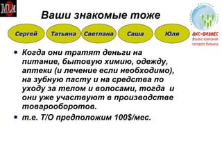 Ваши знакомые тоже Когда они тратят деньги на питание, бытовую химию, одежду, аптеки (и лечение если необходимо), на зубную пасту и на средства по уходу за телом и волосами, тогда  и они уже участвуют в производстве товарооборотов. т.е. Т/О предположим 100 $ /мес. Сергей Татьяна Светлана Саша Юля 
