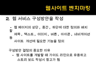 2.  웹 서비스 구성방안을 작성 -  웹 페이지의 상단 ,  중간 ,  하단에 대한 정의와 배치할  제목 ,  텍스트 ,  이미지 ,  버튼 ,  아이콘 ,  네비게이션 등  사이트  개선에 필요한 기능을 정의  구성방안 결정의 중요한 이유 -  웹 사이트를 개발할 때 가이드 라인으로 유용하고 스토리 보드 작성시 참고가 됨 