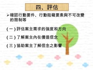 四、評估
確認行動要件、行動阻礙要素與不可改變
 的限制等

( 一 ) 評估案主需求的強度和方向

( 二 ) 了解案主內在價值信念

( 三 ) 協助案主了解信念之影響
 