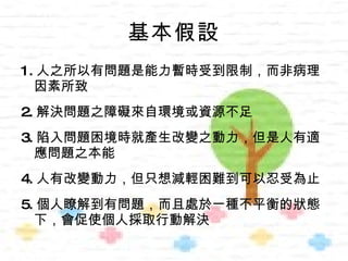 基本假設
1. 人之所以有問題是能力暫時受到限制，而非病理
  因素所致
2. 解決問題之障礙來自環境或資源不足
3. 陷入問題困境時就產生改變之動力，但是人有適
  應問題之本能
4. 人有改變動力，但只想減輕困難到可以忍受為止
5. 個人瞭解到有問題，而且處於一種不平衡的狀態
  下，會促使個人採取行動解決
 