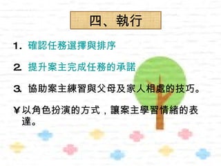 四、執行
1. 確認任務選擇與排序

2. 提升案主完成任務的承諾

3. 協助案主練習與父母及家人相處的技巧。

• 以角色扮演的方式，讓案主學習情緒的表
  達。
 