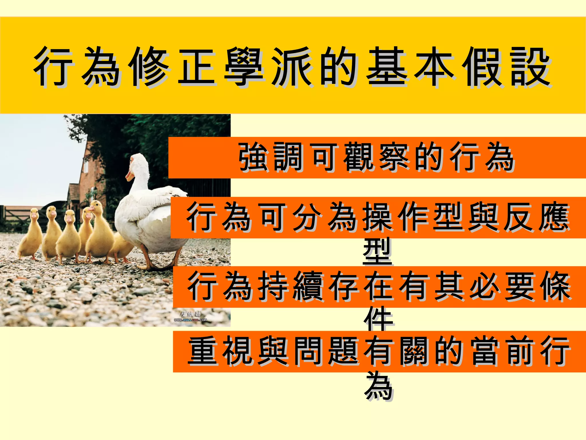 行為修正學派的基本假設
    強調可觀察的行為
   行為可分為操作型與反應
        型
   行為持續存在有其必要條
        件
   重視與問題有關的當前行
        為
 