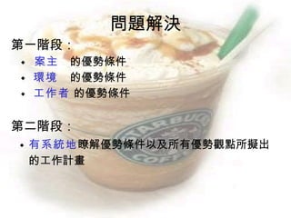 問題解決
第一階段：
◆   案主 的優勢條件
◆   環境 的優勢條件
◆   工作者 的優勢條件

第二階段：
◆   有系統地瞭解優勢條件以及所有優勢觀點所擬出
    的工作計畫
 