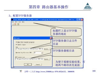 第四章 路由器基本操作

3、配置TFTP服务器




                                  标题栏上显示TFTP服
                                  务器的地址

                                  TFTP服务器日志文件
                                  目录

                                  TFTP服务器根目录



                                    为便于观察实验结果，可
                                    将两个路径改至桌面

       方晖·三人行 http://www.330000.cn 0791-8526132、3800058   101
 