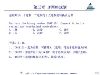 第五章 IP网络规划
基础知识：十进制、二进制与十六进制的转换及运算

You have the binary number 10011101. Convert it to its
decimal and hexadecimal equivalents.
A. 158           B. 0x9D             C. 156
D. 157           E. 0x19             F. 0x9F


答案：B、D。
1、10011101一定为奇数，可排除A、C选项，得出十进制值为157。
2、1001的十进制肯定不为1或者F，则十进制应为9，排除E选项。
3、1101的十进制同样肯定不为F，排除F选项。




           方晖·三人行 http://www.330000.cn 0791-8526132、3800058   115
 