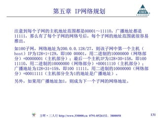 第五章 IP网络规划


注意到每个子网的主机地址范围都是00001～11110，广播地址都是
11111，那么有了每个子网的网络号后，每个子网的地址范围就很容易
推出。
如100子网，网络地址为200.0.0.128/27，则该子网中第一个主机（
host）IP为128+1=129，即100 00001，用二进制的10000000（网络部
分）+00000001（主机部分）；最后一个主机IP为128+30=158，即100
11110，用二进制的10000000（网络部分）+00011110（主机部分）；
广播地址为128+31=159，即100 11111，用二进制的10000000（网络部
分）+00011111（主机部分全为1的地址是广播地址）。
另外，如果用广播地址加1，则成为下一个子网的网络地址。




        方晖·三人行 http://www.330000.cn 0791-8526132、3800058   131
 