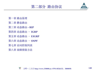 第二部分 路由协议


第一章 路由原理
第二章 静态路由
第三章 动态路由 - RIP
第四章 动态路由 – IGRP
第五章 动态路由 – EIGRP
第六章 动态路由 – OSPF
第七章 访问控制列表
第八章 故障排除方法




        方晖·三人行 http://www.330000.cn 0791-8526132、3800058   148
 