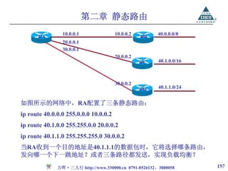 第二章 静态路由
                10.0.0.1               10.0.0.2        40.0.0.0/8
      RA                                          RB
                20.0.0.1
                30.0.0.1
                                       20.0.0.2
                                                  RC   40.1.0.0/16



                                       30.0.0.2
                                                  RD   40.1.1.0/24


如图所示的网络中，RA配置了三条静态路由：
ip route 40.0.0.0 255.0.0.0 10.0.0.2
ip route 40.1.0.0 255.255.0.0 20.0.0.2
ip route 40.1.1.0 255.255.255.0 30.0.0.2
当RA收到一个目的地址是40.1.1.1的数据包时，它将选择哪条路由，
发向哪一个下一跳地址？或者三条路径都发送，实现负载均衡？
              方晖·三人行 http://www.330000.cn 0791-8526132、3800058       157
 