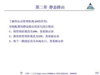 第二章 静态路由


了解和认识管理距离AD的作用：
对刚配置的静态路由的语句进行修改
1、将管理距离改为100，查看路由表
2、继续将管理距离改为255，查看路由表
3、将下一跳地址改为本地出口，查看路由表




      方晖·三人行 http://www.330000.cn 0791-8526132、3800058   162
 