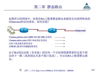 第二章 静态路由


如图所示的网络中，如果在RA上配置静态路由来提供从内部网络来的
对Internet的访问请求，如何实现？


           RA                        ISP                       Internet

对www.yahoo.com (209.131.36.158) 的请求
对www.sohu.com (121.14.0.31) 的请求
对某个游戏服务器的请求
对59.61.32.211的QQ视频请求

由于RA到达远端（非本地）的任何一个目标网络都需要经过某个固
定的下一跳（或者固定从某个接口发送），可以在RA上配置默认路
由。



            方晖·三人行 http://www.330000.cn 0791-8526132、3800058              167
 